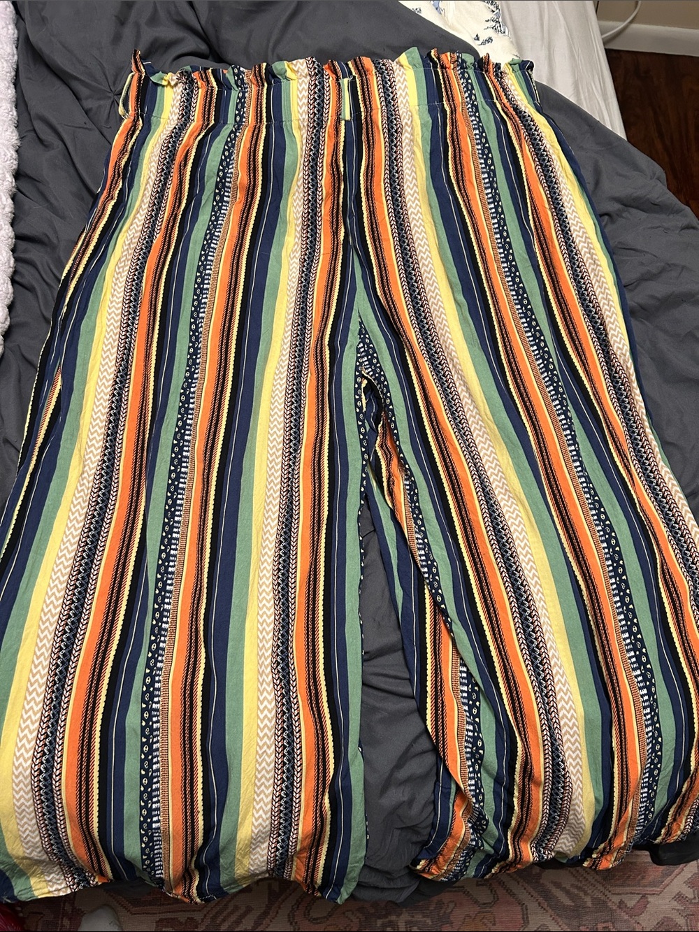 Striped Elastic Waist Wide-Leg Pants in Navy, Green & Orange
